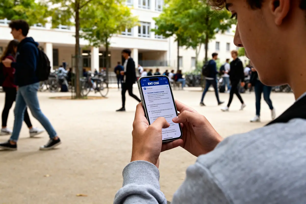 Étudiant consultant ENT Cesi sur smartphone dans une cour d'école animée et verdoyante