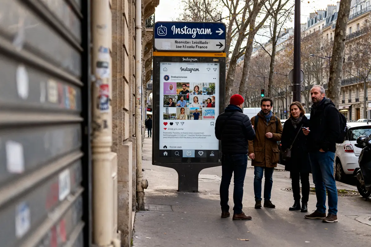 Gafam Instagram publicité rue avec panneau interactif et quatre personnes observant l'écran