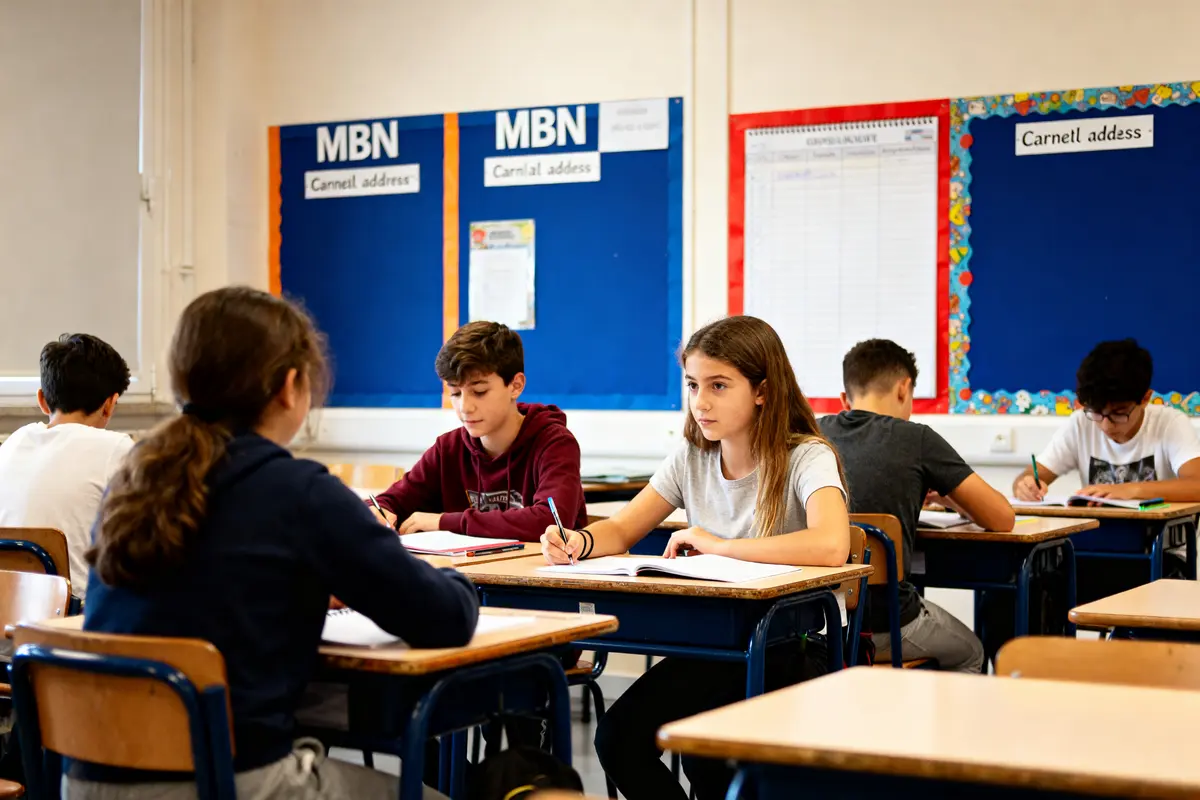 Étudiants en classe concentrés sur leurs cahiers devant tableau mentionnant MBN