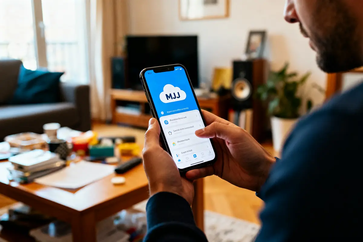 Personne utilisant l'application MJM Cloud sur smartphone dans un salon confortable