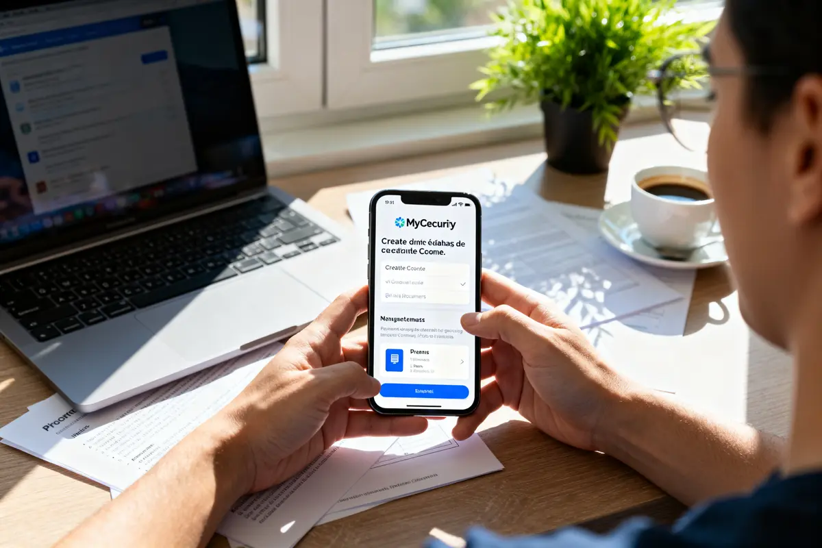 Personne utilisant l'application mobile MyCecurity sur smartphone avec ordinateur portable et café adjacents