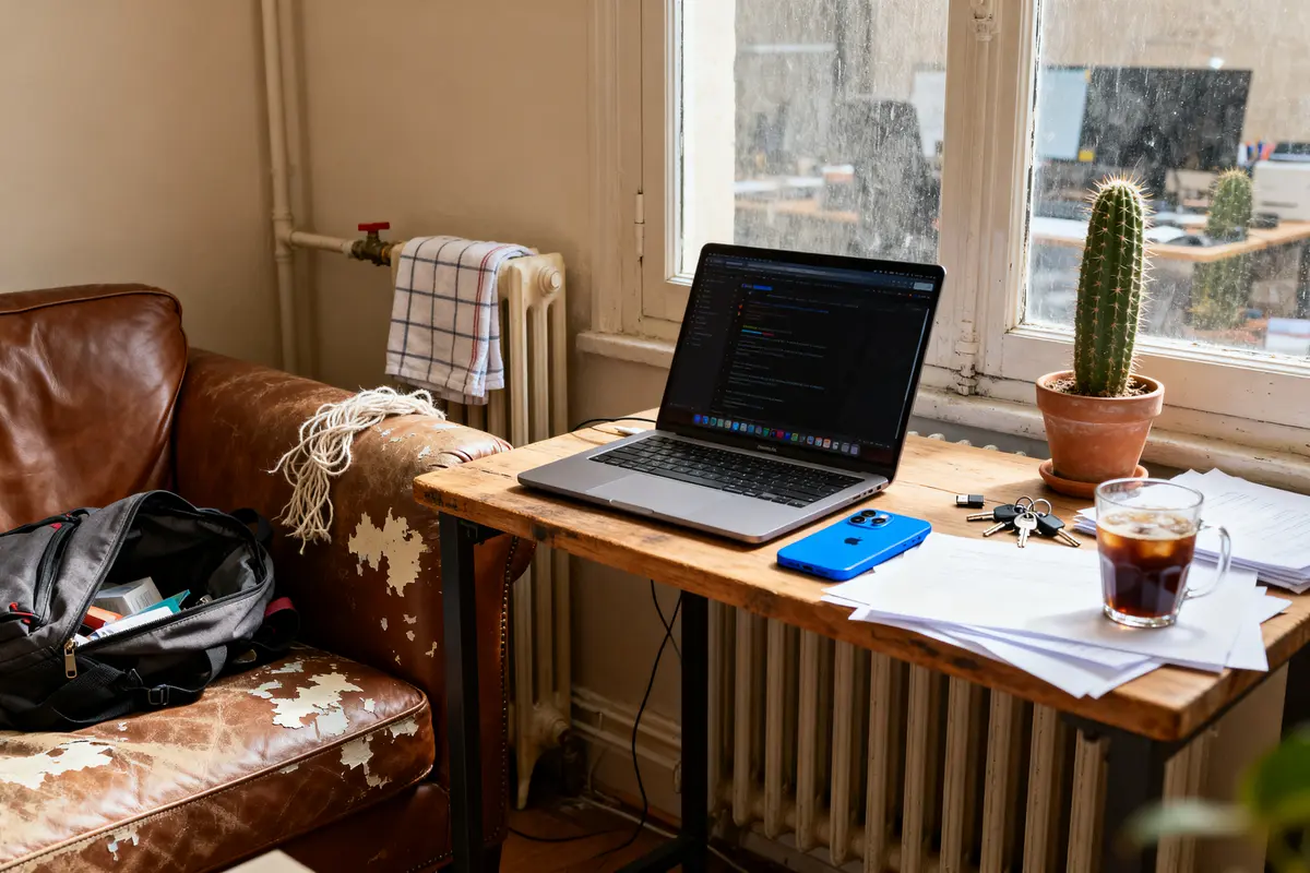 Bureau avec ordinateur portable Silvr, chaise en cuir, boisson glacée et cactus sur fenêtre