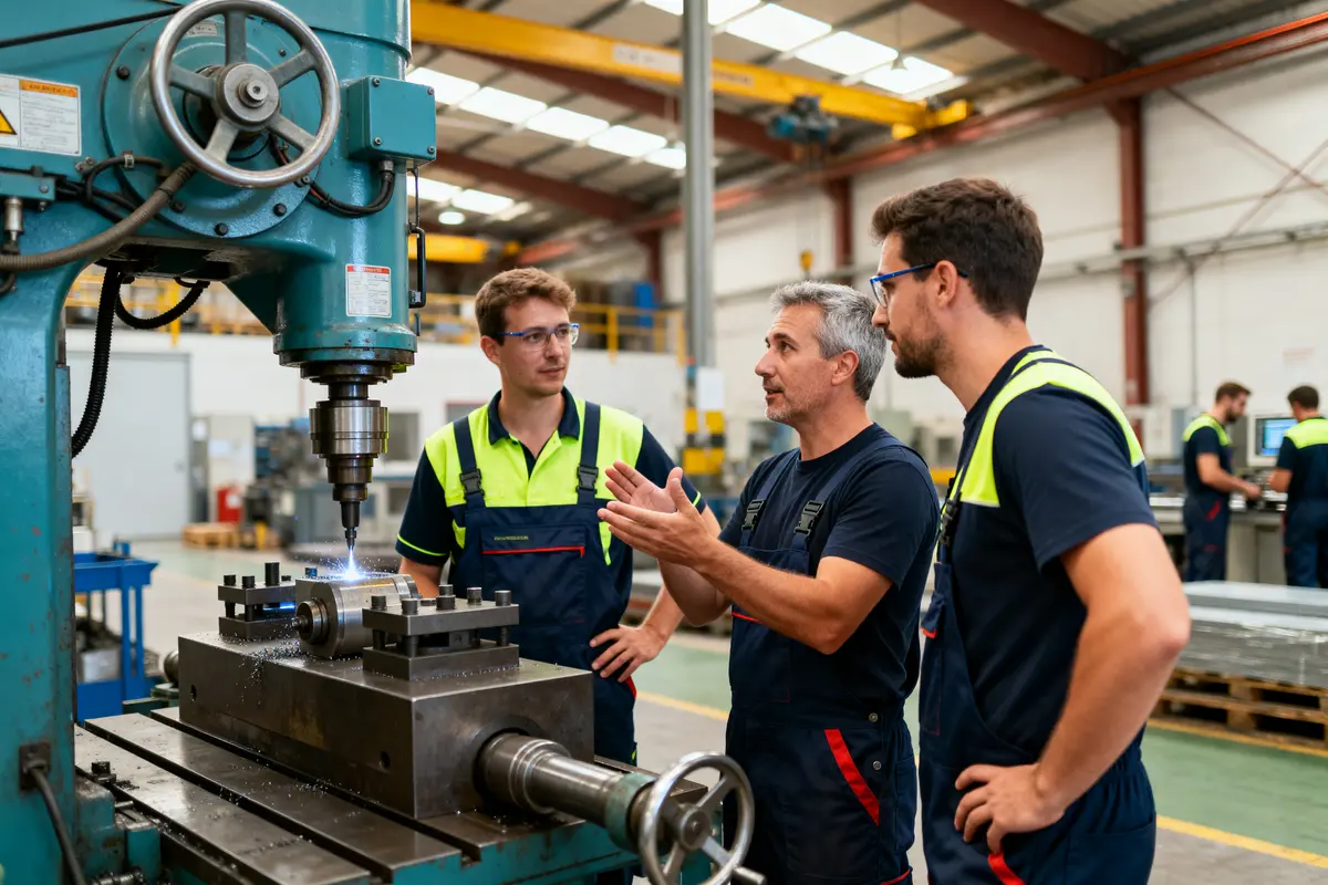 Des travailleurs discutent Total Productive Maintenance près d'une machine industrielle en usine.