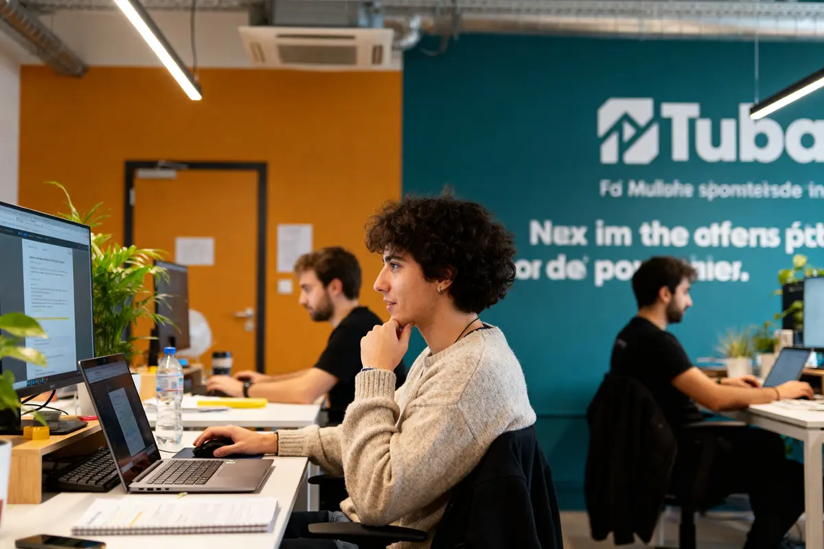 Des employés travaillant au bureau dans les locaux de Tuba Mulhouse, concentrés sur leurs écrans
