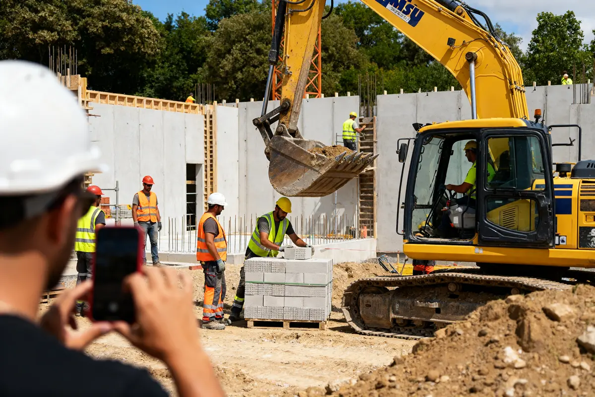 Travailleurs de la construction sur un chantier avec pelleteuse visibles sur bati-actu.fr