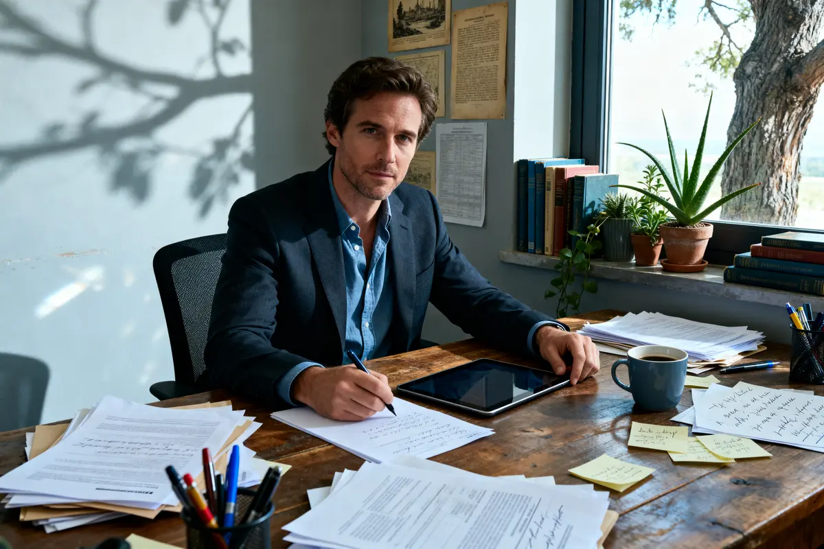 Consultant concentré travaillant à son bureau avec documents, tablette et café