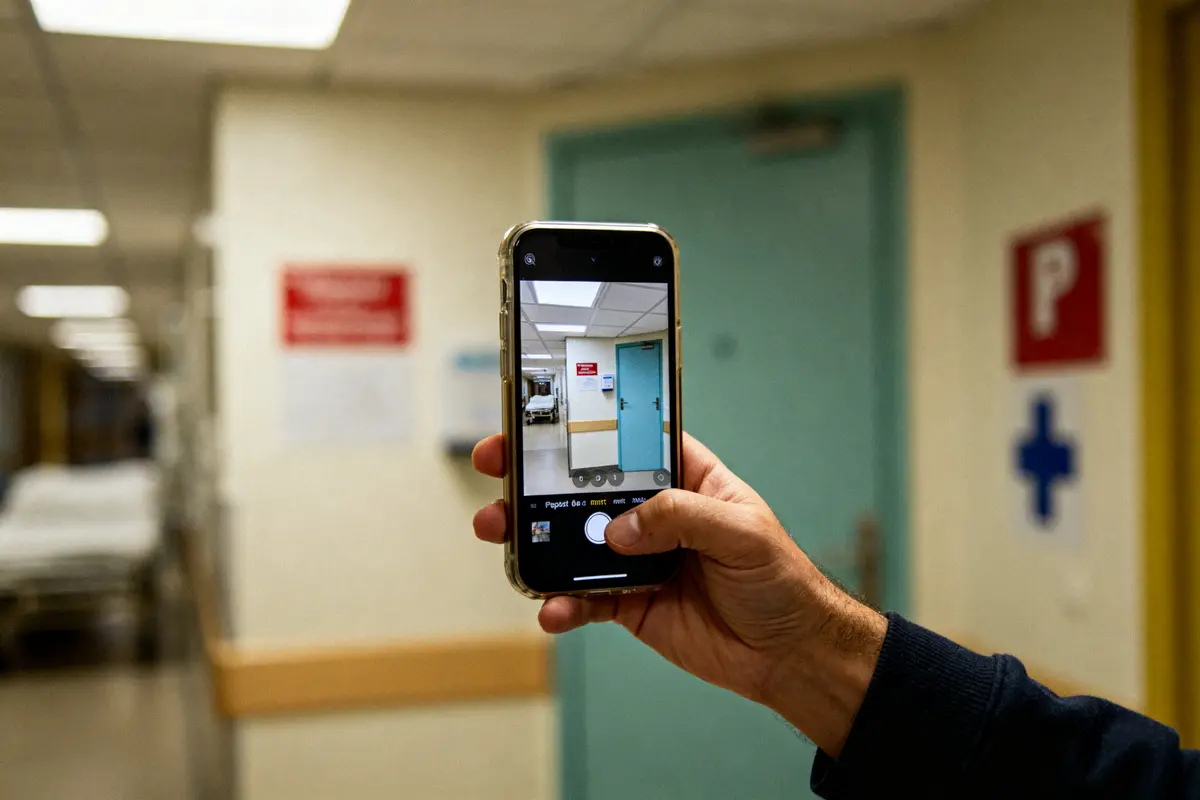 Main tenant un téléphone dans un couloir d'hôpital concernant dépôt de bilan pendant arrêt maladie