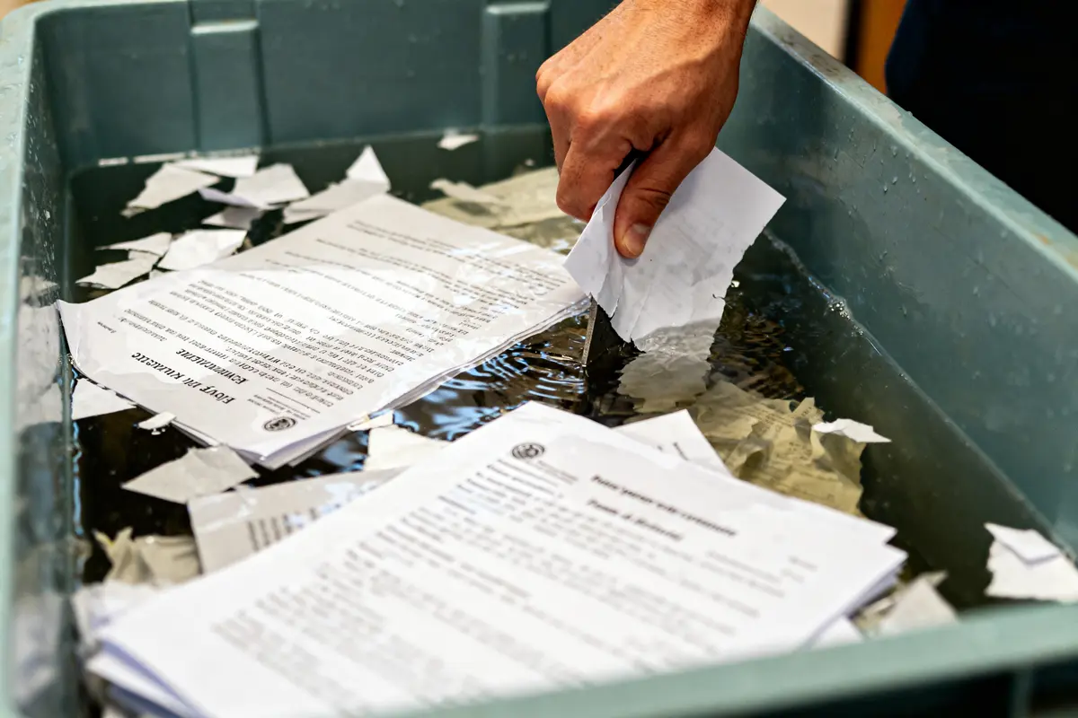 Main détruisant des documents dans l'eau pour destruction de documents gratuit et sécurisée