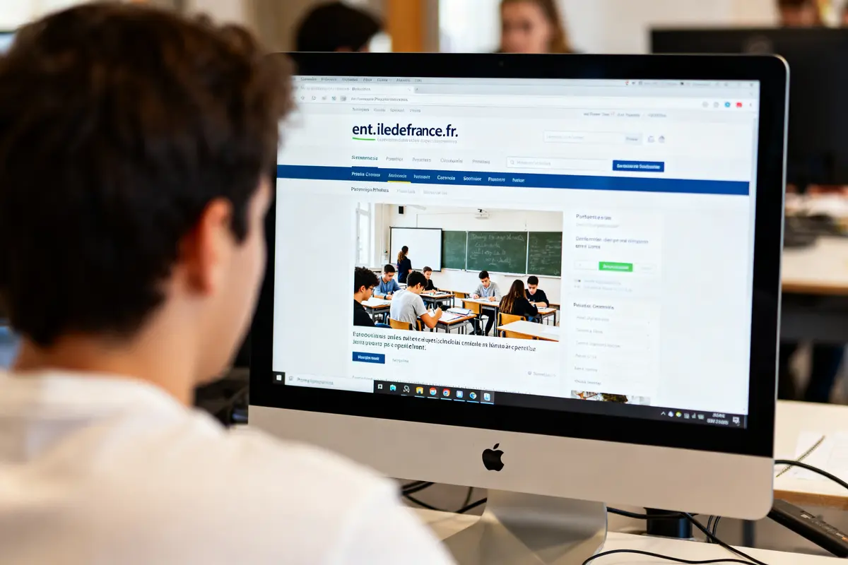 Personne utilisant un ordinateur avec la page ent.iledefrance.fr affichée en arrière-plan éducatif