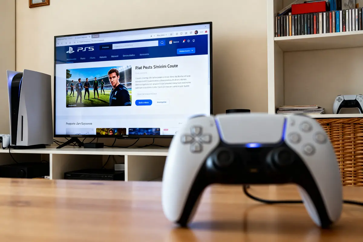 Manette PS5 avec écran affichant navigateur internet sur PS5 et console en arrière-plan