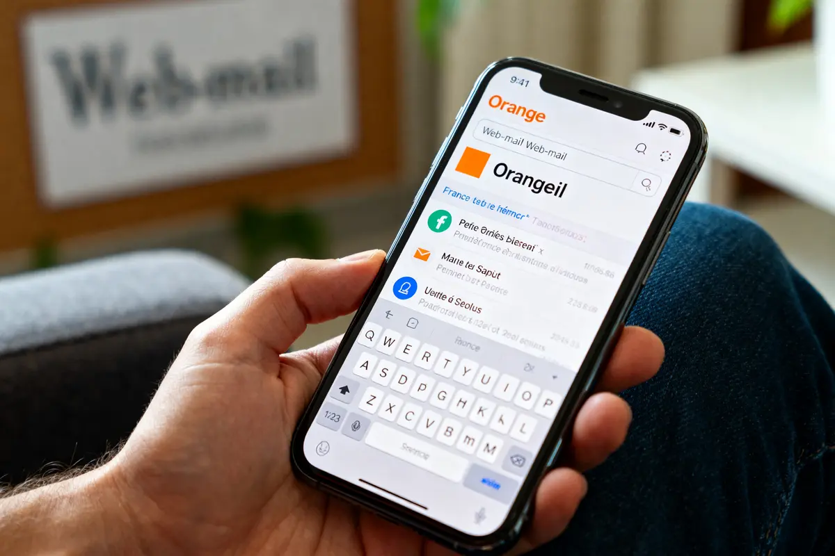 Main affichant l'application orange webmail sur smartphone avec plusieurs messages visibles