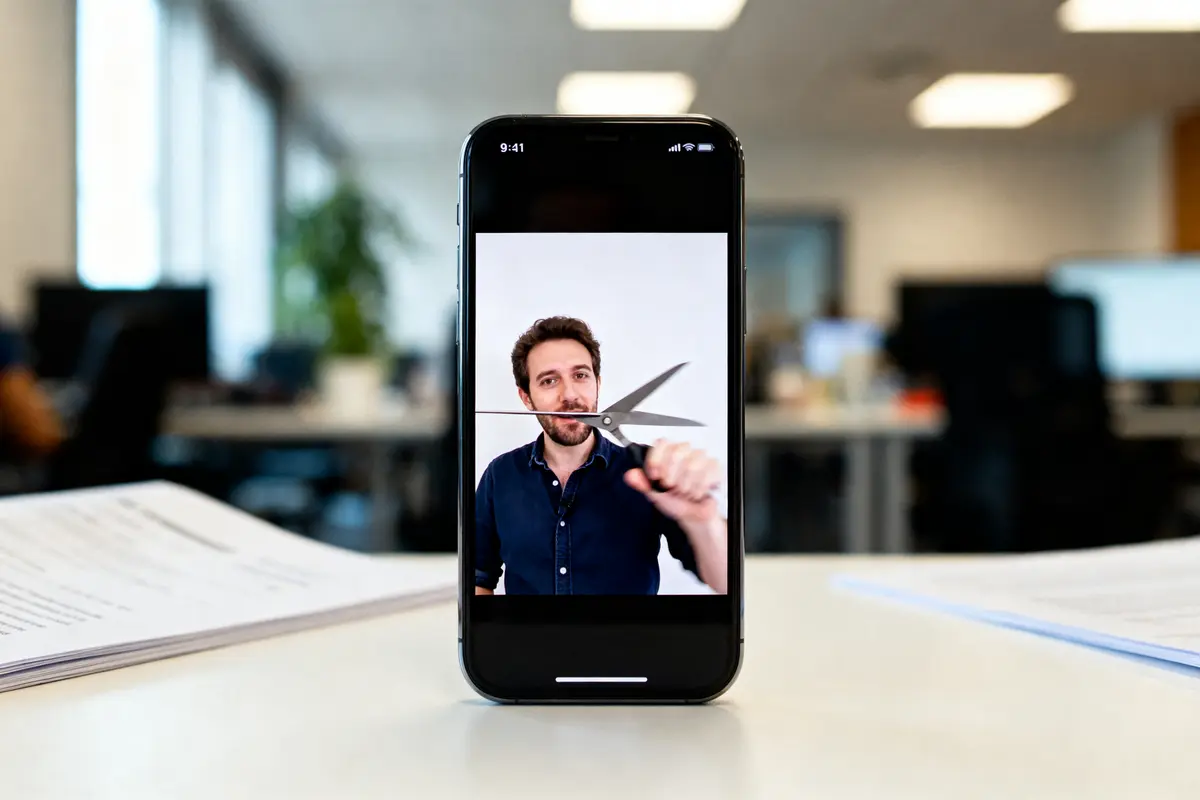 Homme tenant des ciseaux sur smartphone pour démontrer comment rogner un gif efficacement