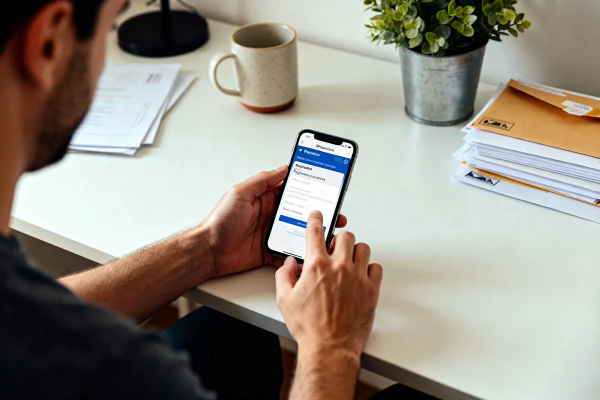 Un homme utilisant son smartphone pour se domicilier via une application en ligne