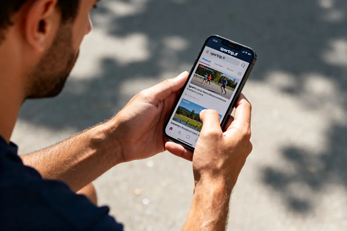 Homme consultant le site sportrip.fr sur son smartphone en plein air sans distraction alentours