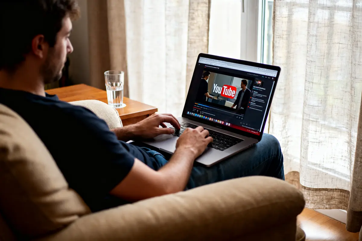 Homme utilisant un ordinateur pour telecharger une vidéo Youtube dans un salon lumineux