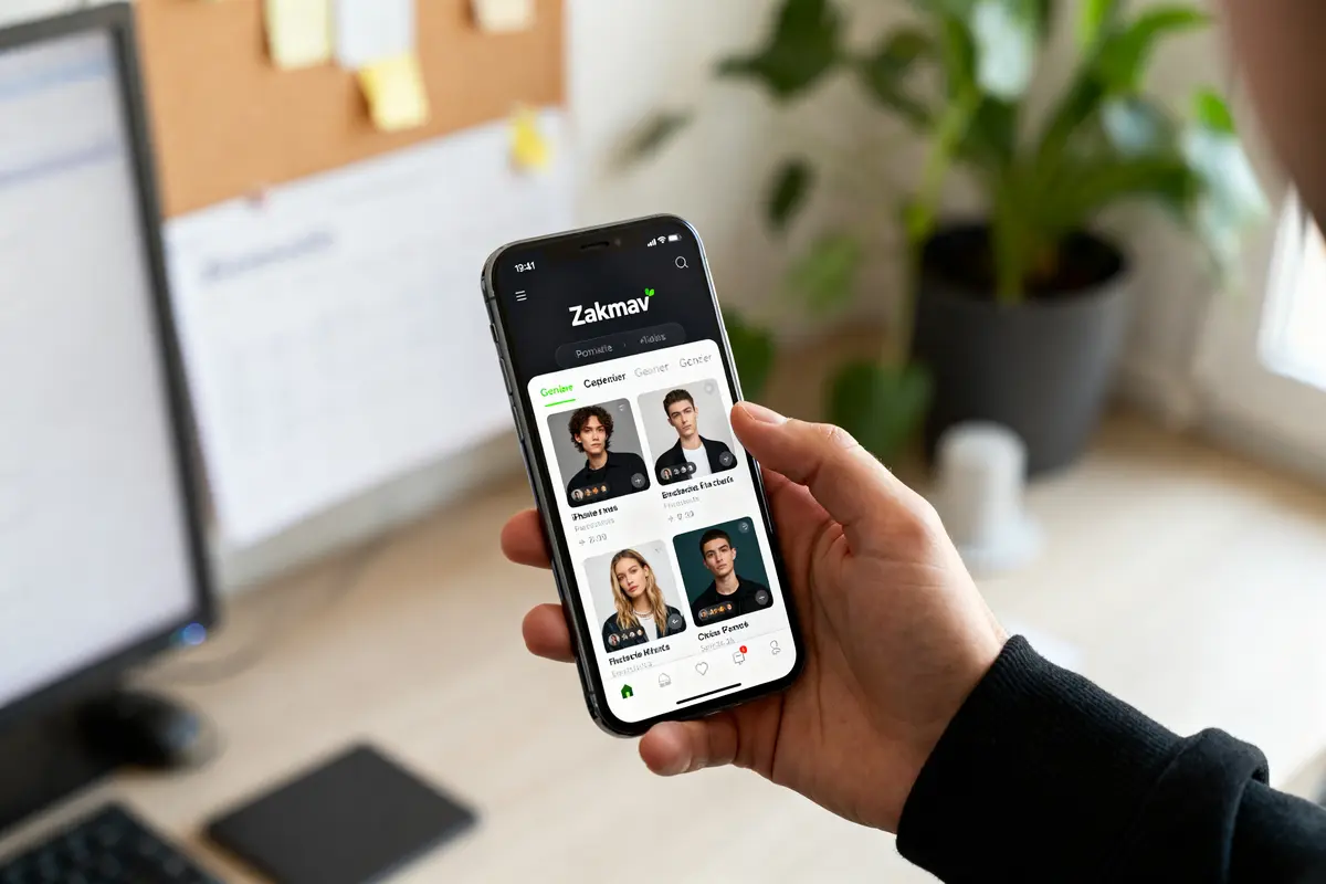 Personne utilisant l'application Zakmav sur smartphone, affichant des profils de mannequins recommandés