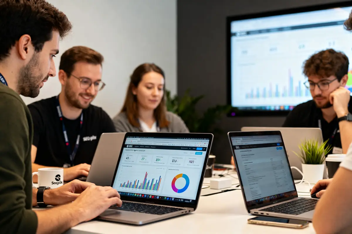 Des experts discutant de stratégies à l'Agence SEO Uplix avec ordinateurs et graphiques