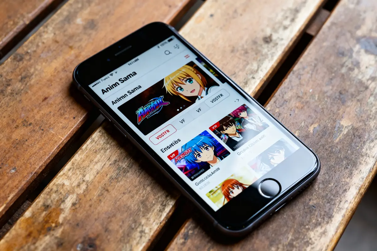 Smartphone affichant l'application Anim Sama avec sélection d'animes populaires sur interface utilisateur colorée