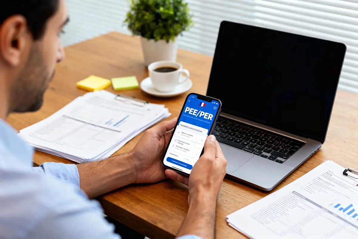 Homme consultant application CIC Épargne salariale sur smartphone, documents financiers et ordinateur portable nearby