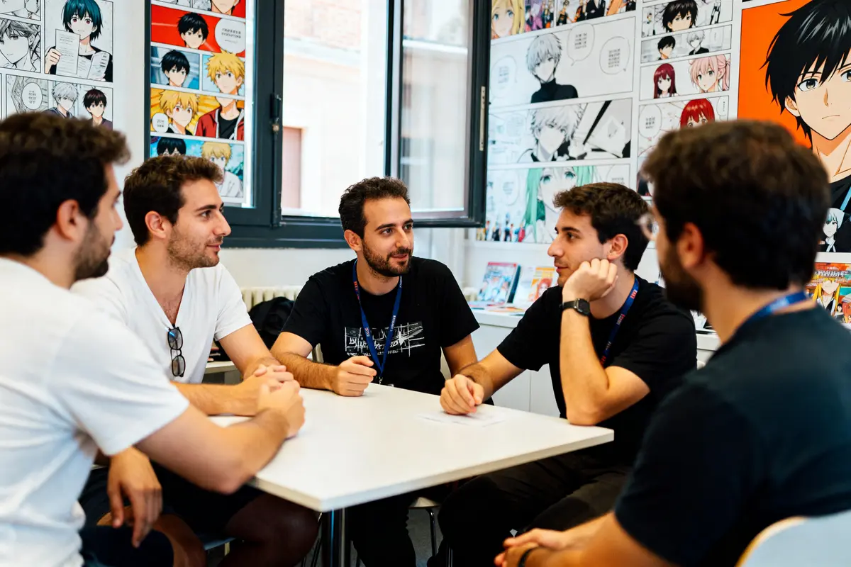 Des personnes discutant autour d'une table dans un bureau décoré de mangas Epsilon Scan