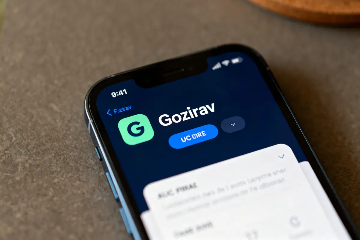 Écran de l'application mobile Gozirav affiché sur un téléphone intelligent noir.