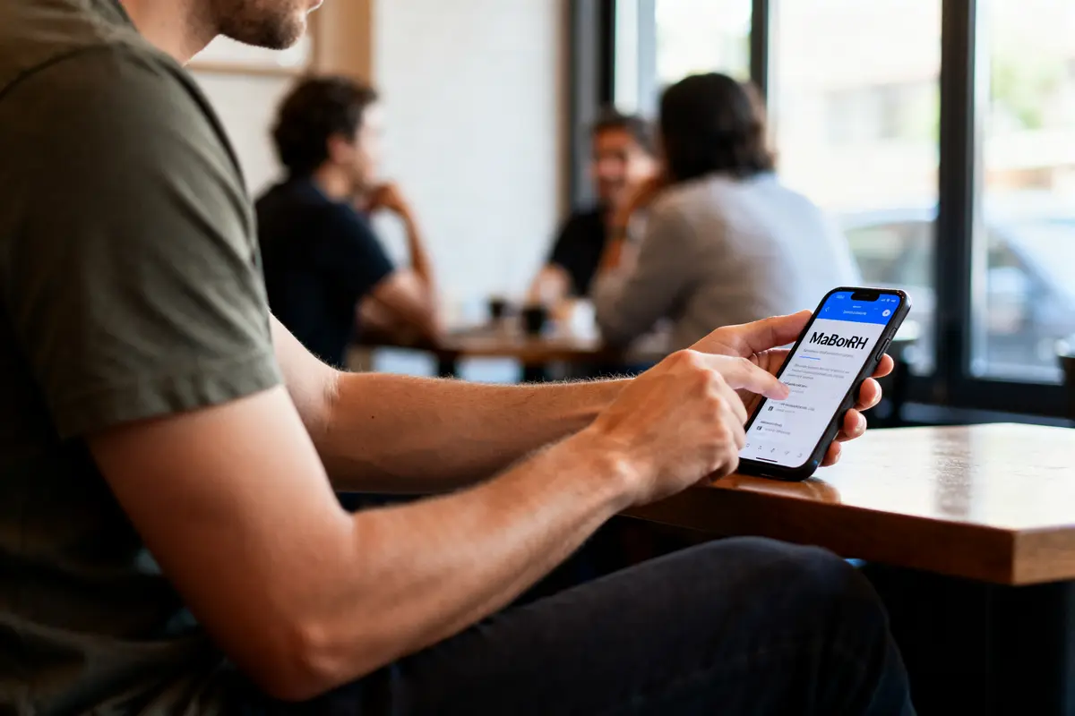Un homme utilise l'application MaBoxRH sur son smartphone dans un café animé