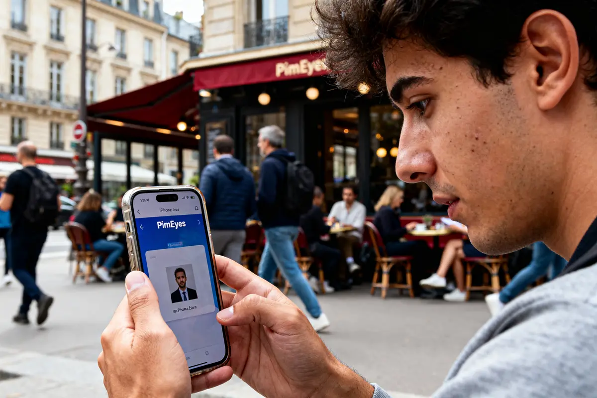 Utilisateur consultant PimEyes sur smartphone devant un café parisien animé
