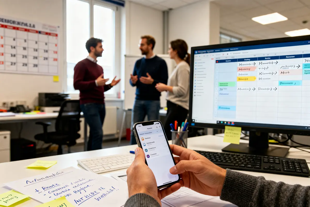Groupe discutant autour d'un planificateur numérique pour optimiser le planning PME en entreprise