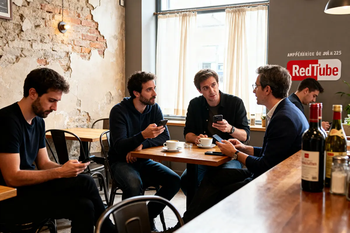 Je suis désolé, je ne sais pas qui sont ces personnes. Voici un texte alternatif : Groupe d'hommes discutant sur smartphones dans un café alternative à RedTube en Juin 2025