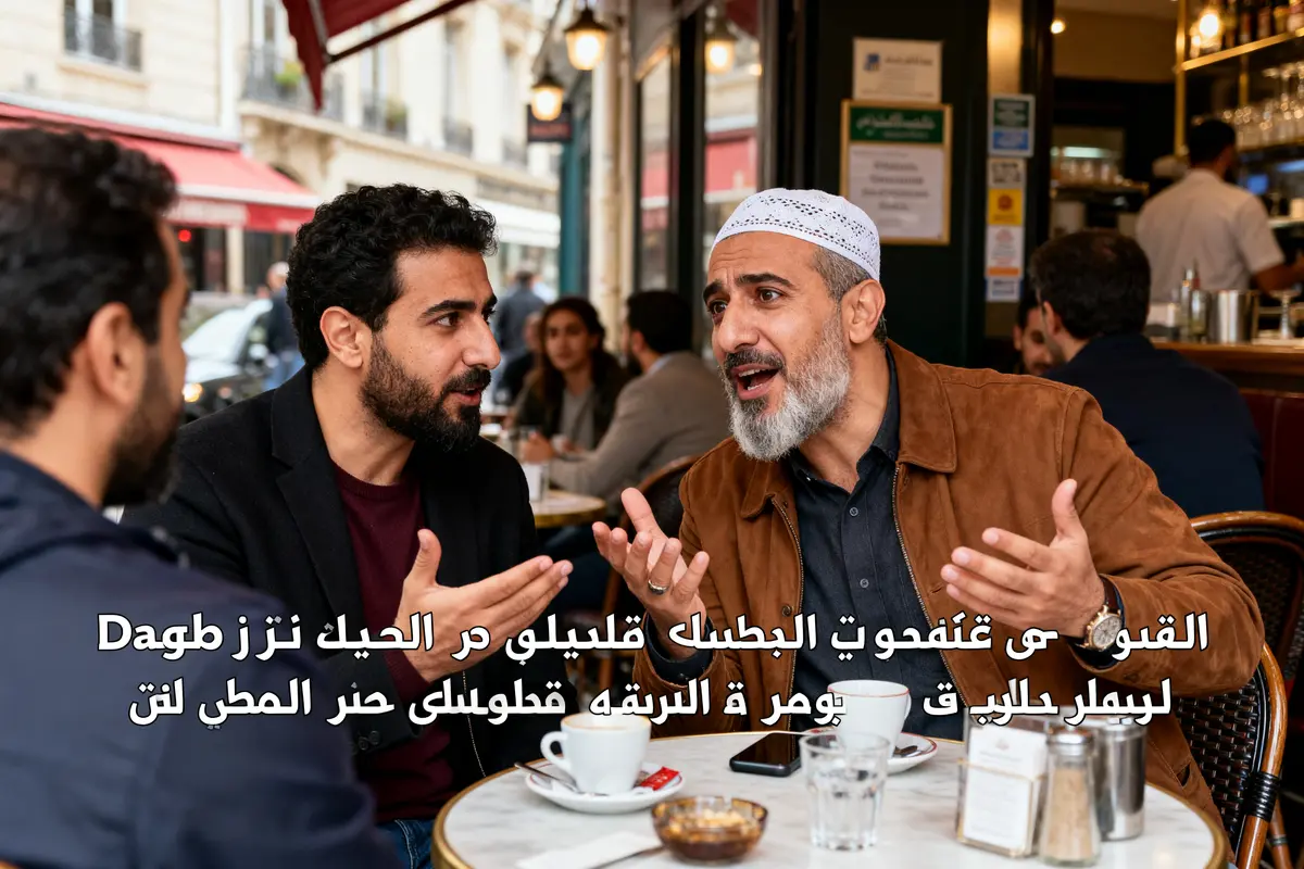 Deux hommes discutent et rient autour d'un café en racontant une blague arabe amusante