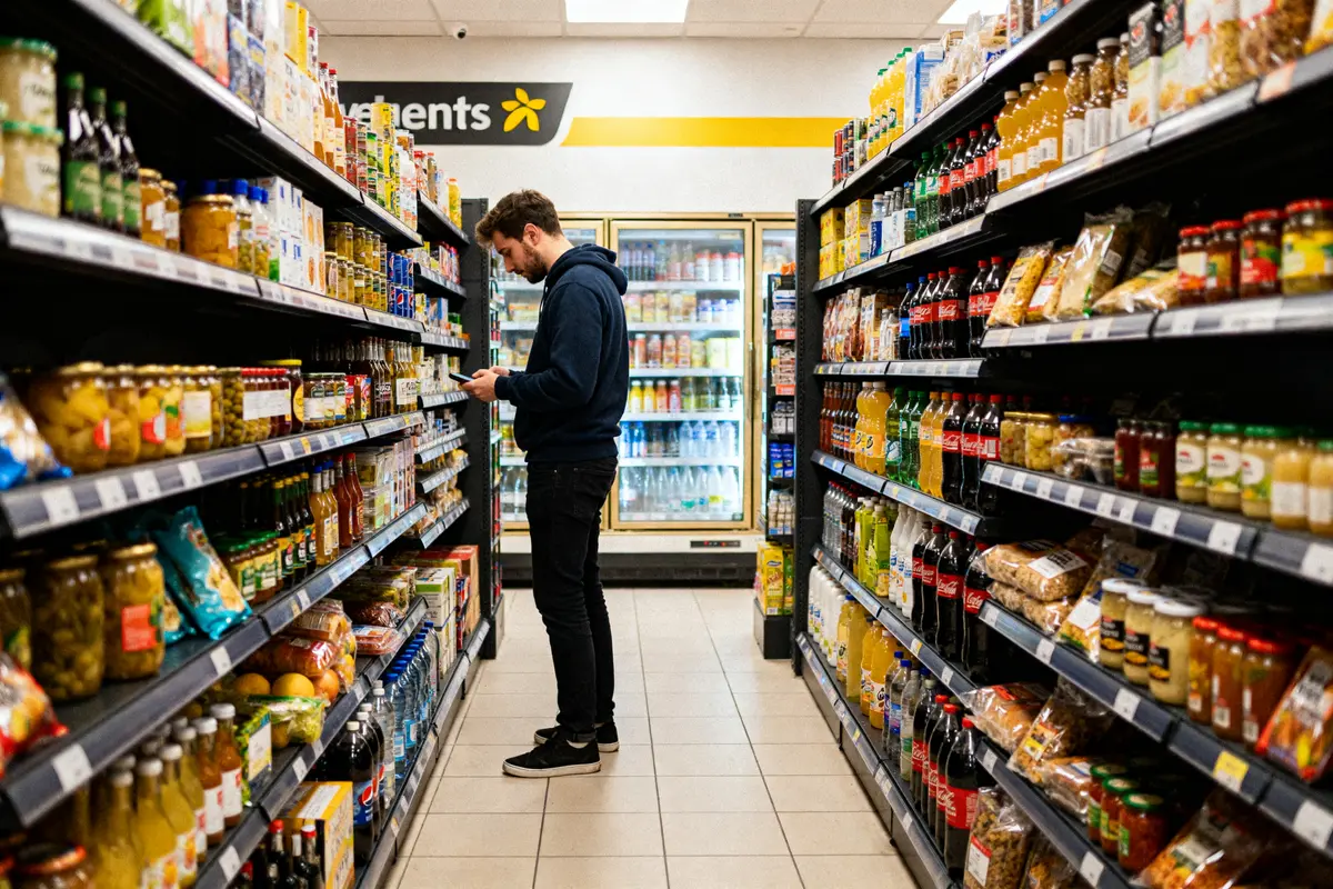 Homme consultant son téléphone dans un convenience store rempli de produits alimentaires variés
