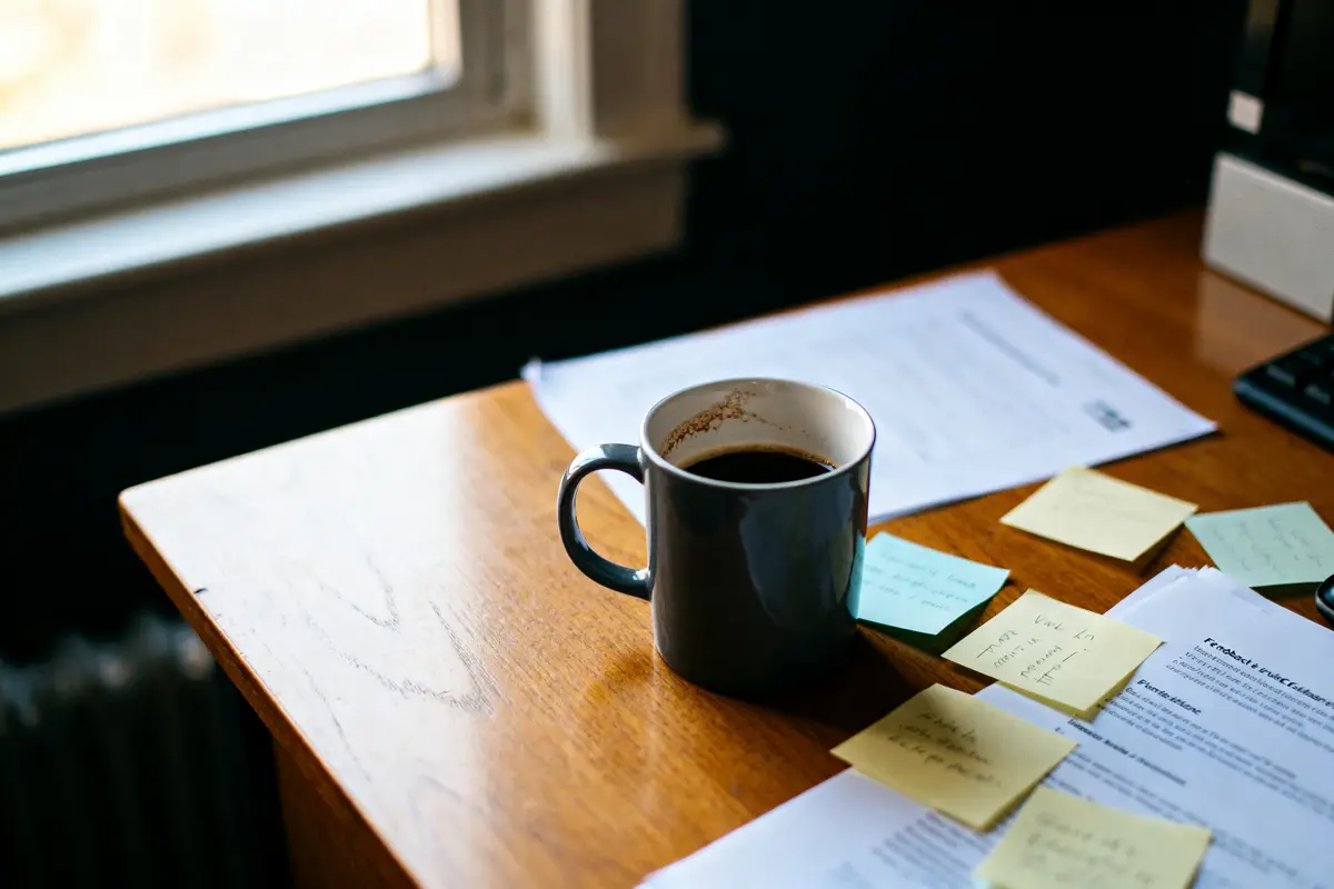 Tasse de café sur bureau avec documents et liste d’axes de progrès sur post-it
