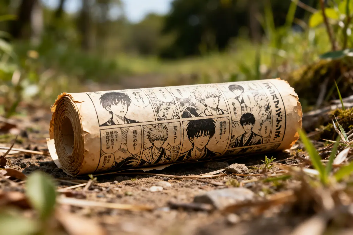 Rouleau de manga origine posé sur un chemin en extérieur avec feuilles et herbe