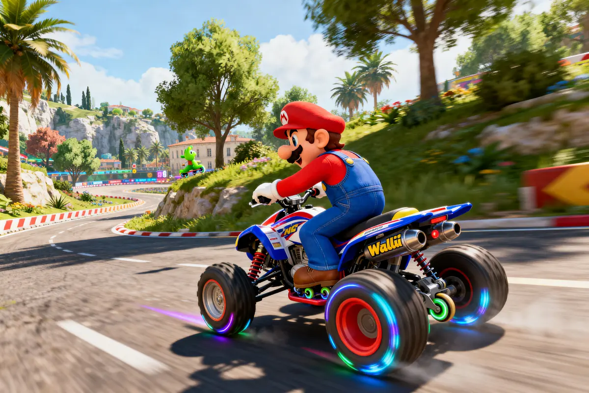 Personnage conduisant un quad sur circuit Mario Kart 8 meilleur combo à Mario Kart 8