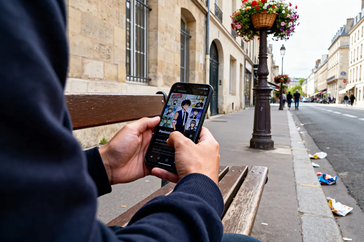 Personne lisant un manga sur smartphone, meilleur site pour lire des mangas gratuitement en ligne