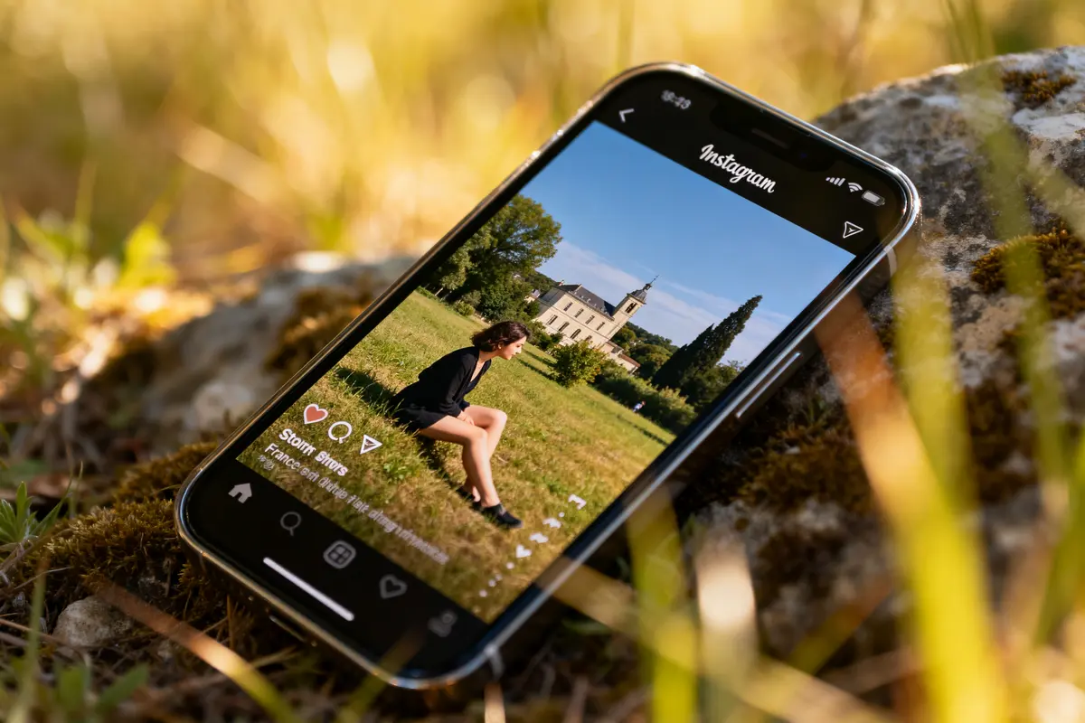 Smartphone sur herbe montrant comment voir une story IG avec paysage champêtre lumineux