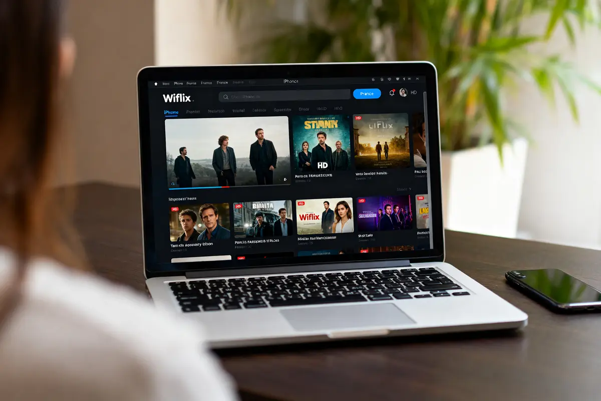 Ordinateur portable affichant l'interface de streaming Wiflix avec divers films et séries populaires