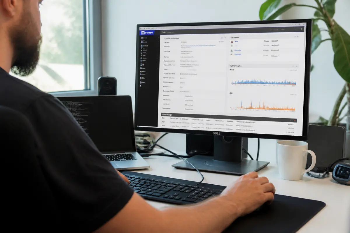 Personne utilisant l'interface de gestion réseau de pfSense sur un ordinateur bureau